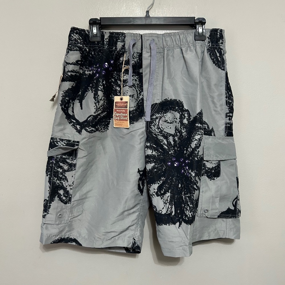 Arizona Men's Swim Shorts M Grey Black Floral Cargo Board Shorts Beach Vacation